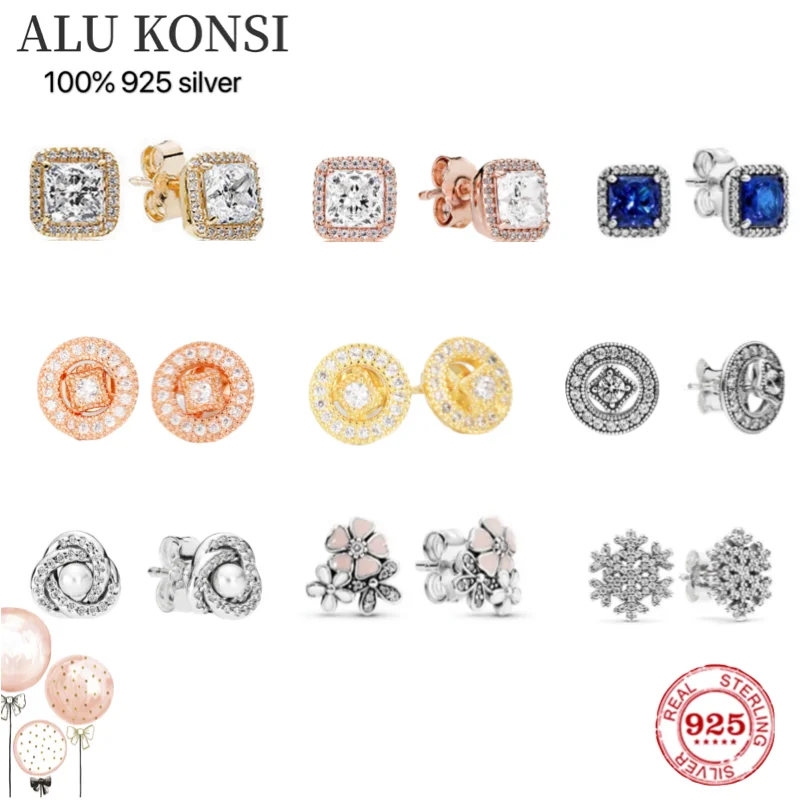 

2021 Hot sale Real 100%925 Sterling Silver Rose Gold Color pan Earrings With Full Crystal Earrings For Women Party Jewelry