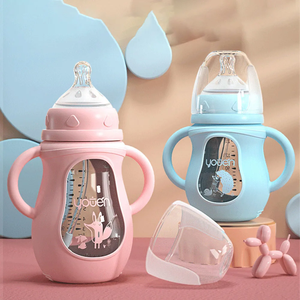 

150/240ml glass baby bottle for newborn with straws silicone anti-fall cover for baby feeding and weaning magic device
