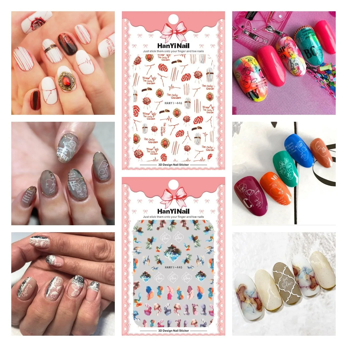 

3pcs/pack Boutique Packing Big Size HANYI 440-446 Abstract Style Nail Stickers 3D Nail Enhancement Sticker With Back Glue ForDIY