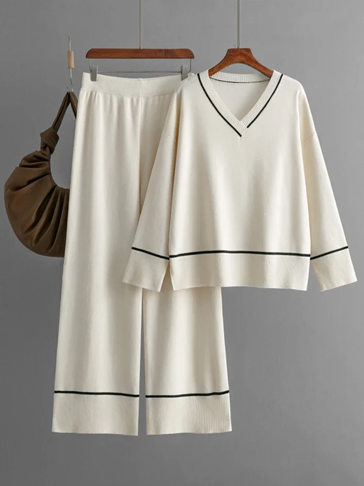 Женский домашний вязаный костюм базовый Свободный Топ с V-образным вырезом и