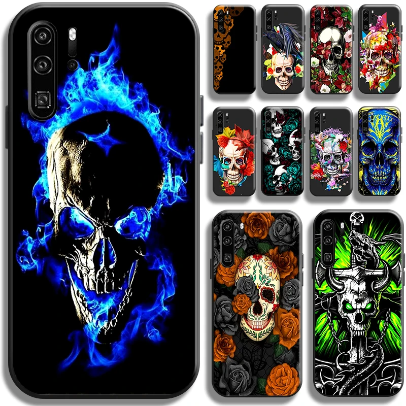 

Death Skull Flower Phone Case For Huawei P30 P30 Lite P30 Pro TPU Cases Shockproof Shell Liquid Silicon Back Cover Black