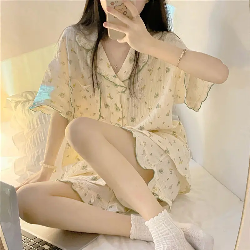 

Pocket Women Pajamas Sleepwear Shorts Sets Style Pijama Loungewear Short Sleeve Underwear Two Piece Sets Print Night Wear