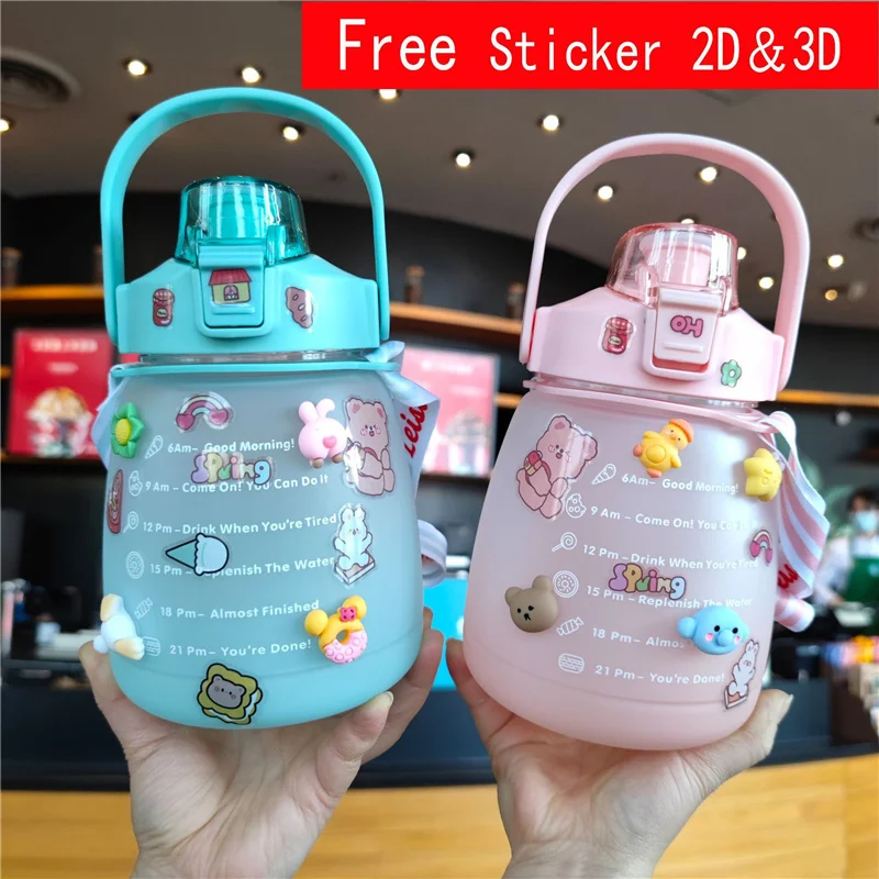 

1.3L Frosted Water Bottle With Cartoon Stickers Big Belly Cup Summer Portable Outdoor Sports Cup