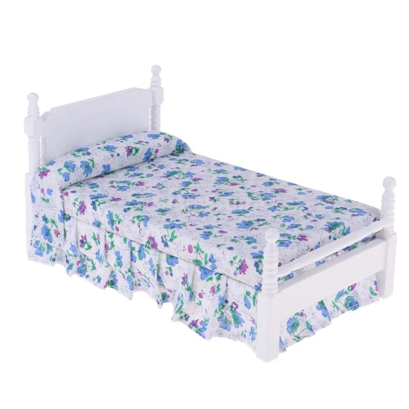 

1/12 Scale Dollhouse Miniature Wooden Single Floral Bed Bedroom Furniture Decor for Decoration Dollhouse Accessories