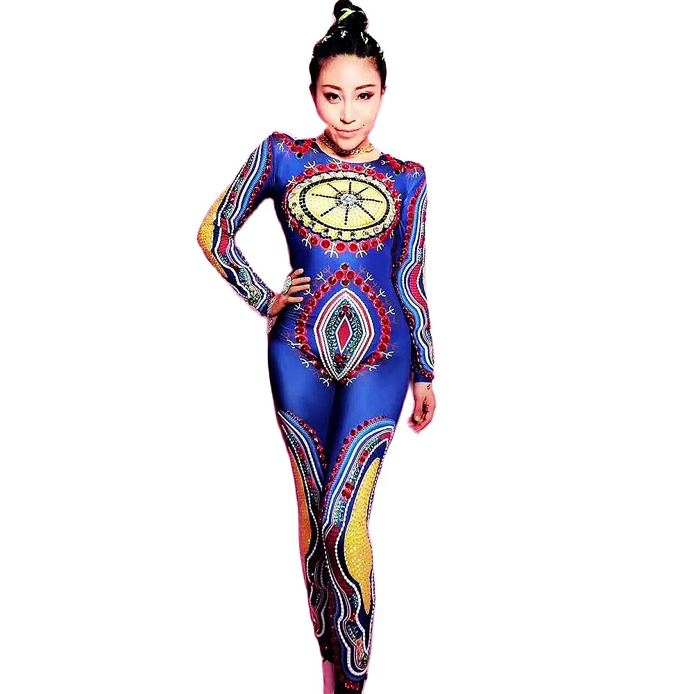 

Blue Shining Crystal Rhinestones Long Sleeves Sexy Leotard Jumpsuit For Women Pole Dance Clothing Nightclub Stage Costumes