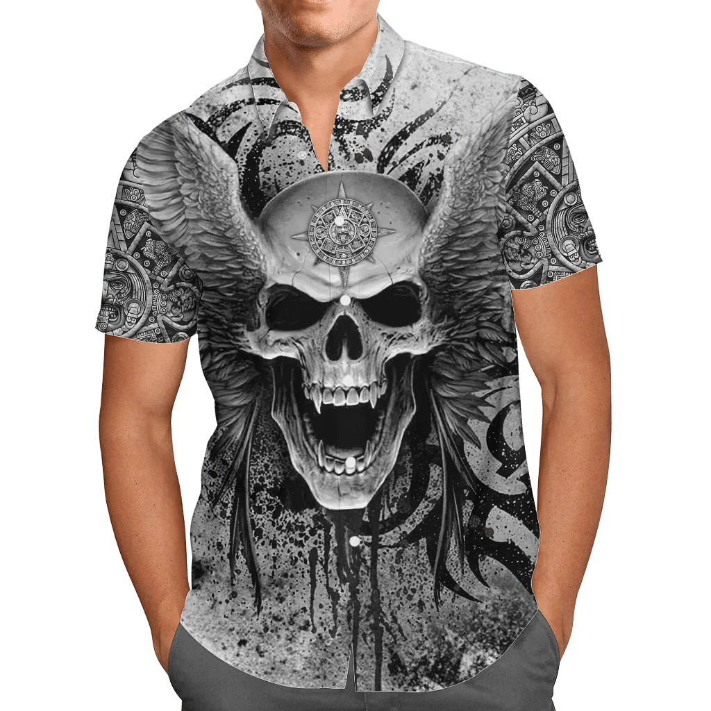 

Гавайская рубашка Aztec с мексиканским черепом, 3D Готическая рубашка, мужская летняя рубашка с коротким рукавом, мужские рубашки 2023, большие р...