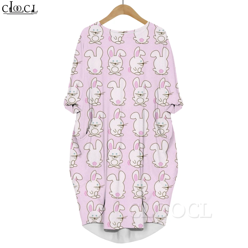 

Розовое платье CLOOCL в стиле Харадзюку, с пасхальным рисунком кролика, 3D принт, Свободные повседневные платья с длинным рукавом и карманами, модное женское платье