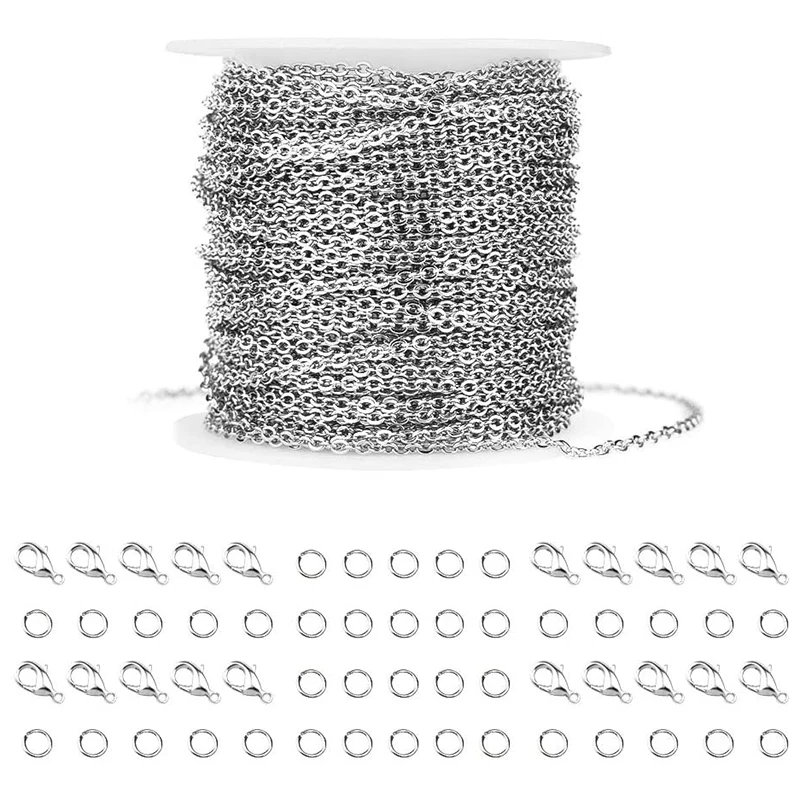 

Silver Color Stainless Steel Cable Chain With 20 Lobster Clasps And 30 Jump Rings For Men Women Jewelry DIY Making 2.0Mm