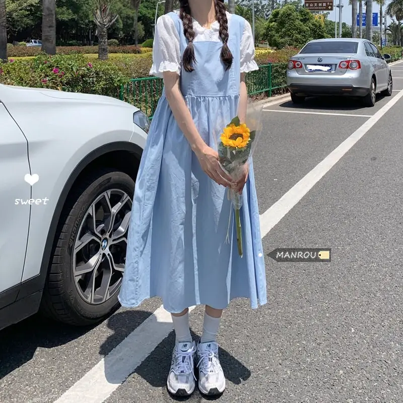 

2022 Summer New French First Love Strap Dress Suit Japanese Sweet Girl Loose Strap Long Vintage Preppy Style Maxi Dress