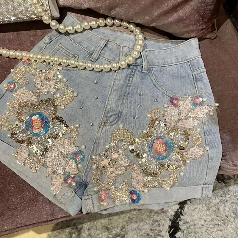 Korean Sweet Heavy Industry Beads Sequined Flower High Waist Denim Shorts Summer Shorts for Women's Loose Slimming Casual Shorts