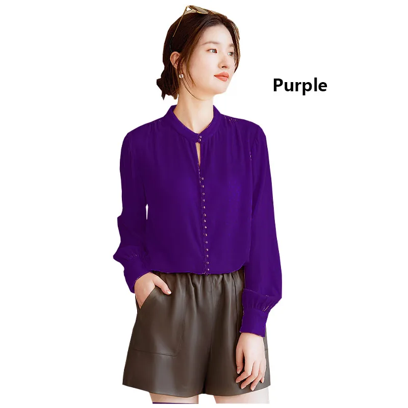 Весенне-осенняя шелковая бархатная розовая рубашка с длинными рукавами блузка