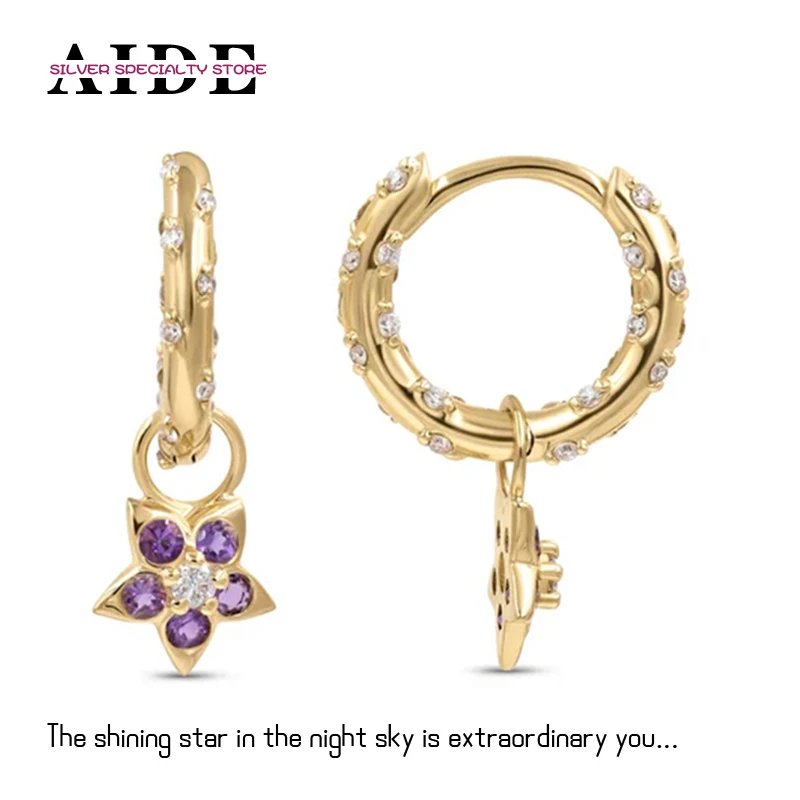

AIDE 925 Silver Purple Flower Emerald Snake Charm Hoop Earrings For Women Girl's Huggie Earring Pendientes Jewelry Gift Brincos