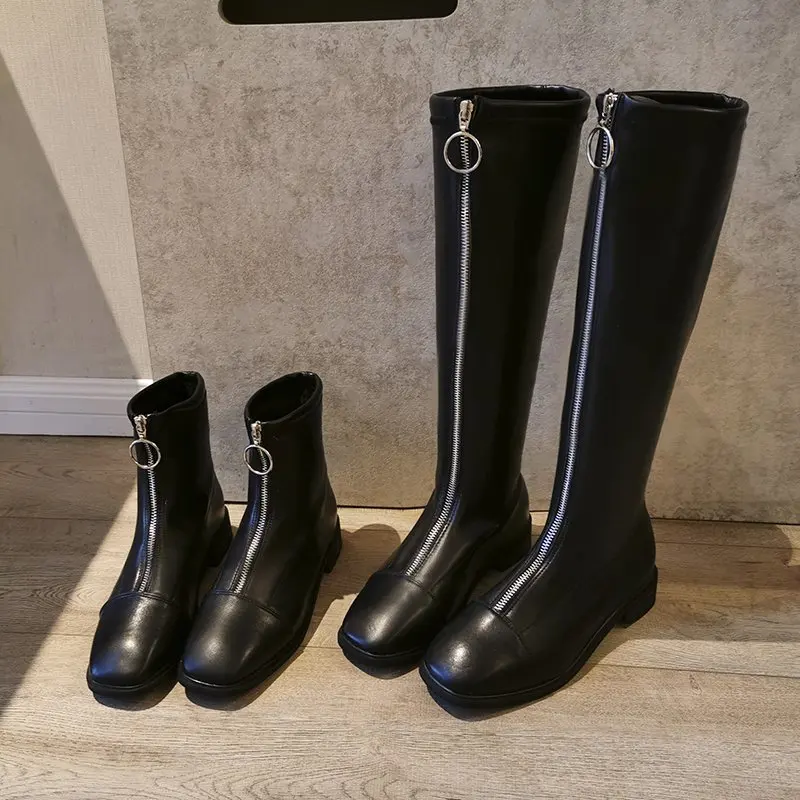 

2023 New Autumn and Winter Front Zipper Long Knee Boots in Thick Heel Flat Tall Skinny Elastic Boots Platform Boots