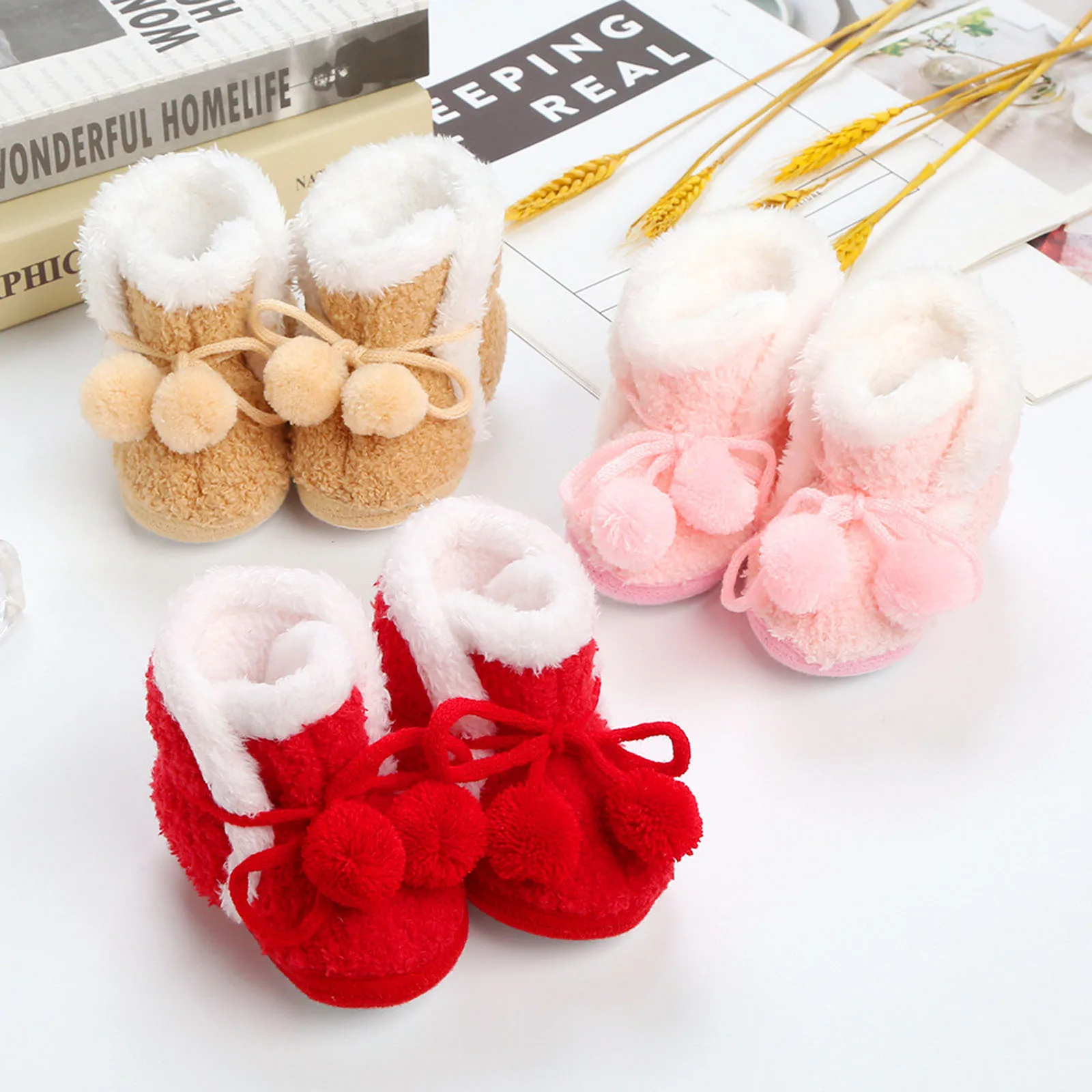 Infant Baby Girls Boys Cute Plush Flat Shoes Bow Soft Sole First Walker Warm Crib Shoes