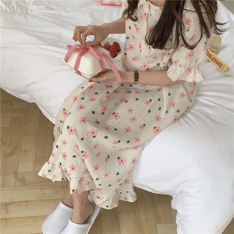 Kawaii Flowers Print Summer Nightgown Women O-Neck Ruffles Short Sleeve Pink Floral Long Sleepwear Night Dress 100% Cotton