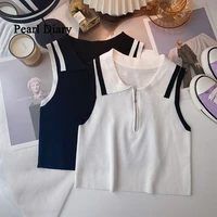 rin confa summer black white contrast collar short top women chic zipper thin polo vest all match sexy knitiing top
