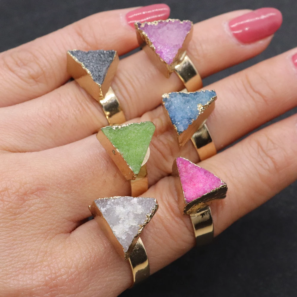 Natural Druzy Crystal Rings Adjustable Open Finger Rings Irregular Geode Stone Ring for Women Men Drusy Quartz Fashion Jewelry