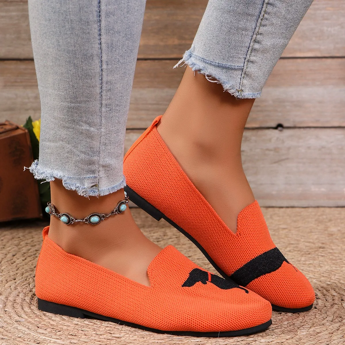 Балетки женские с круглым носком Удобная вязаная обувь на плоской подошве