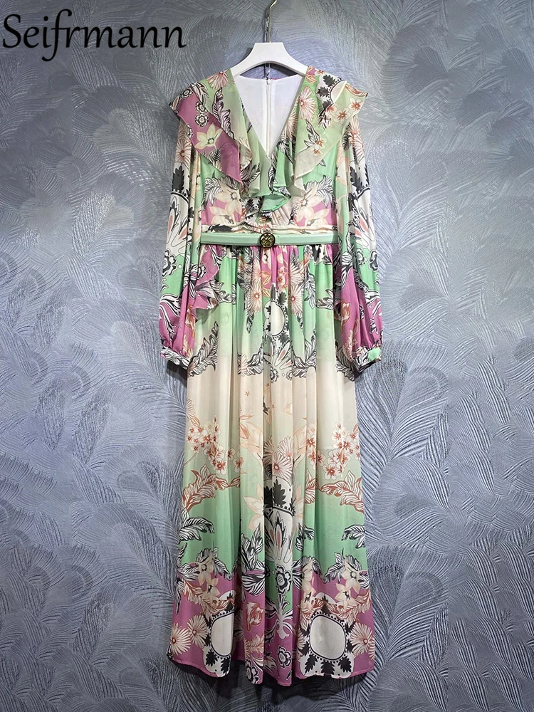 

Женское дизайнерское праздничное платье Seifrmann, винтажное длинное платье с разноцветным принтом и оборками, с рукавами-фонариками, лето