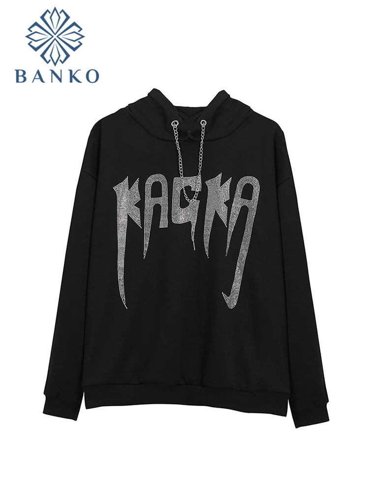 

Y2K Rhinestone Letter Hoodies Women Gothic Black Pullover Oversized Sweatshirts Female Retro Harajuku Hooded Jacket Streetwear