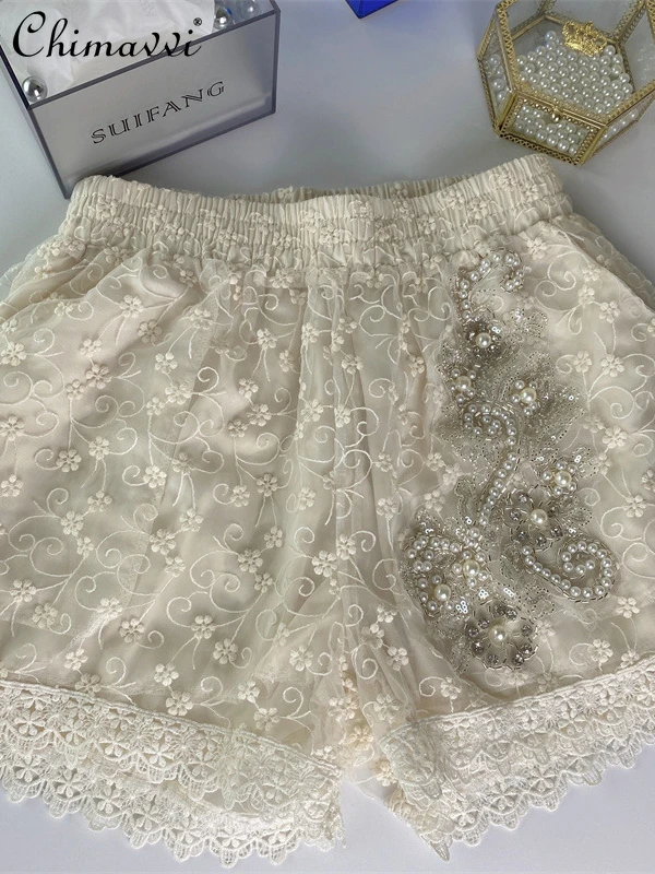 

2022 Summer Clothes New Fashion Casual Loose Embroidered Shorts Elastic Waist Heavy Beads Lace Embroidered Casual Short Pants