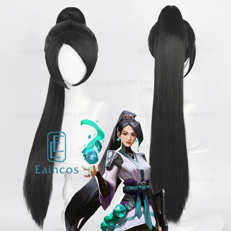 

Valorant шалфей Косплей Хэллоуин искусственный парик длинные черные женские парики с конским хвостом термостойкие синтетические волосы