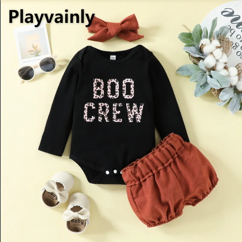 

Осенние комплекты для маленьких девочек, черные хлопковые комбинезоны с длинным рукавом и надписью и шорты, модель E058