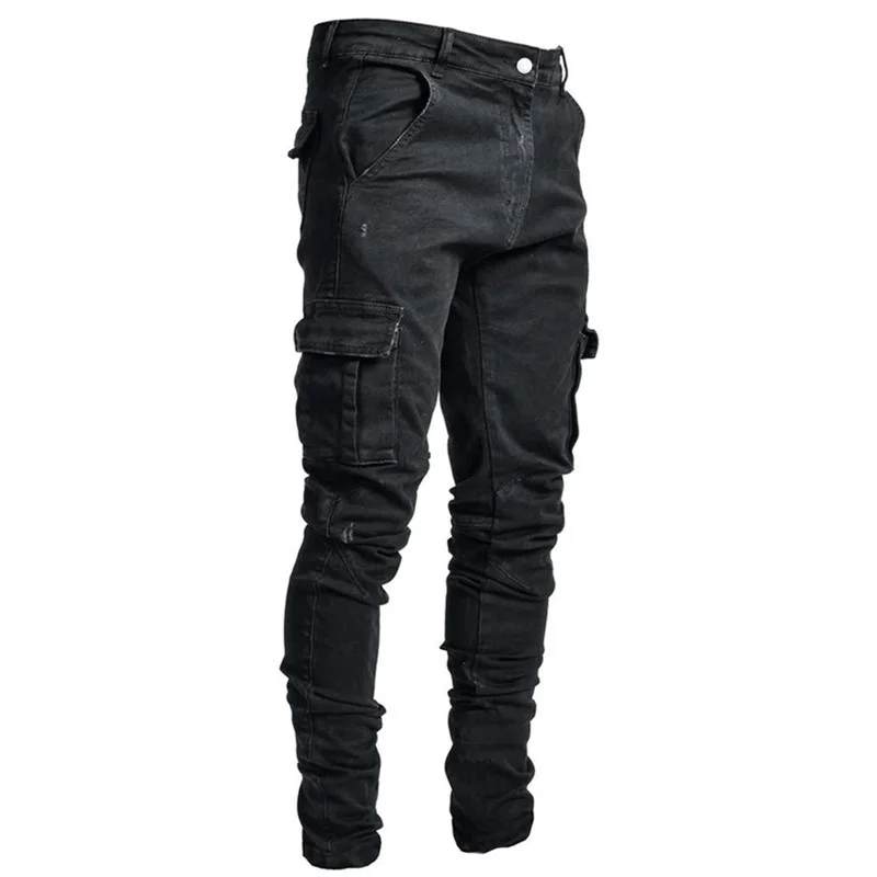 

Новые эластичные джинсы-карго с боковыми карманами, мужские брюки-карандаш, повседневные хлопковые модные однотонные обтягивающие джинсовые брюки