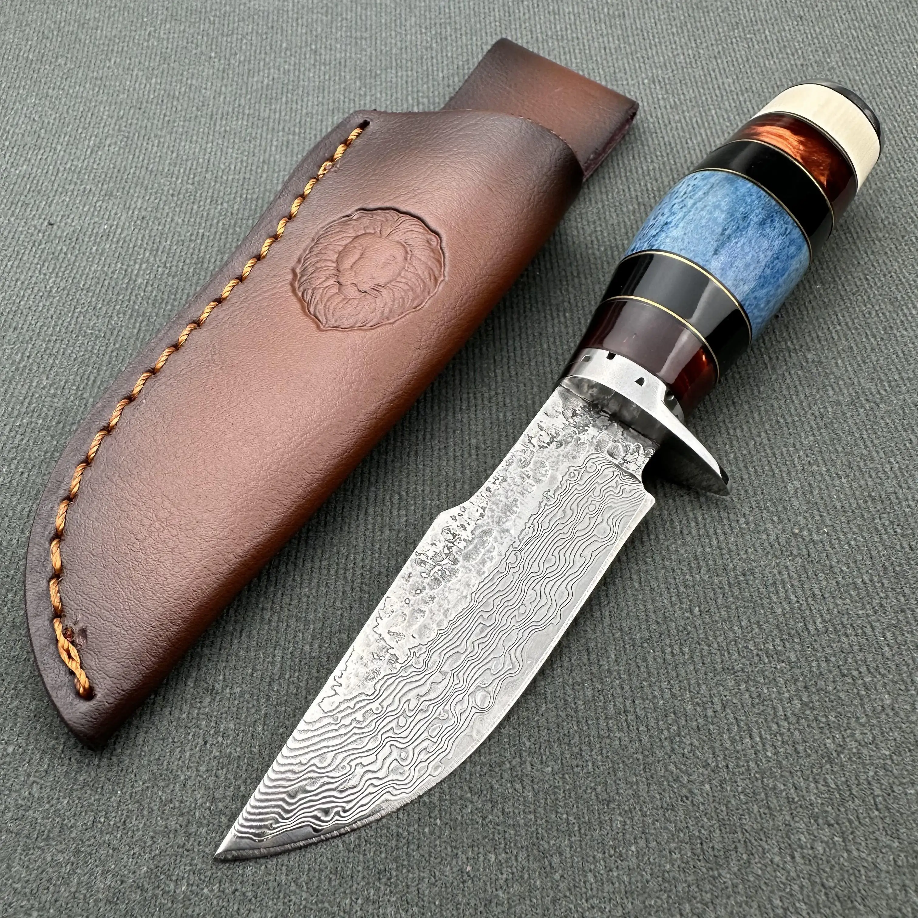 

VG10 Damascus Steel Knife Agate Bovine Bone Handle With Leather Sheath,Premium Fixed Knife For Outdoor Survival Hunting