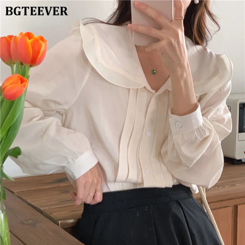 

Элегантная белая женская рубашка BGTEEVER с отложным воротником, летняя свободная однобортная винтажная Женская однотонная блузка с рукавом до локтя, топы