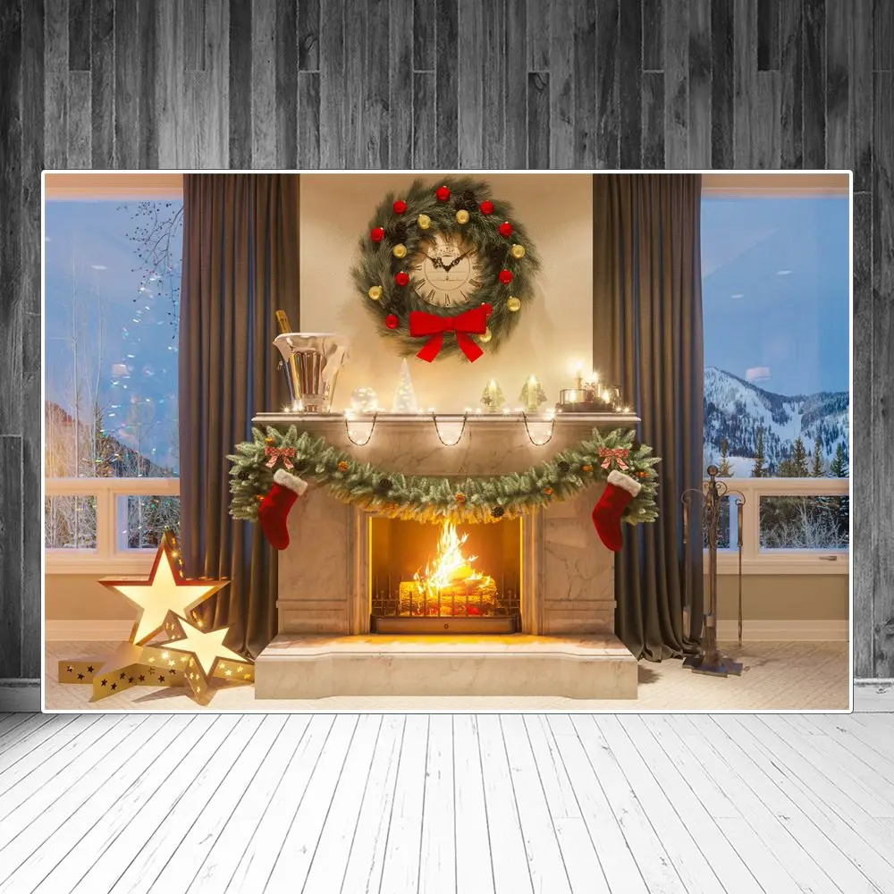 

Фон для фотосъемки с изображением рождественского венка часов гирлянды камина