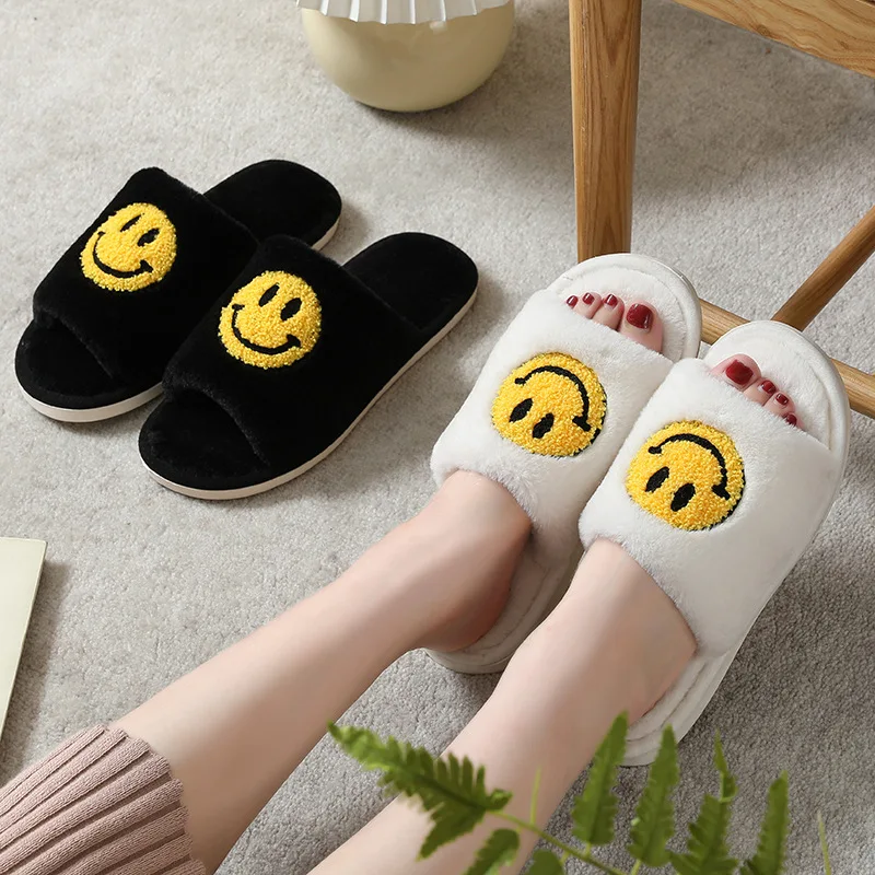 

Зимние меховые тапочки со смайликом, женские плюшевые теплые сланцы с мультяшным рисунком, Нескользящие хлопковые туфли для спальни, мужск...