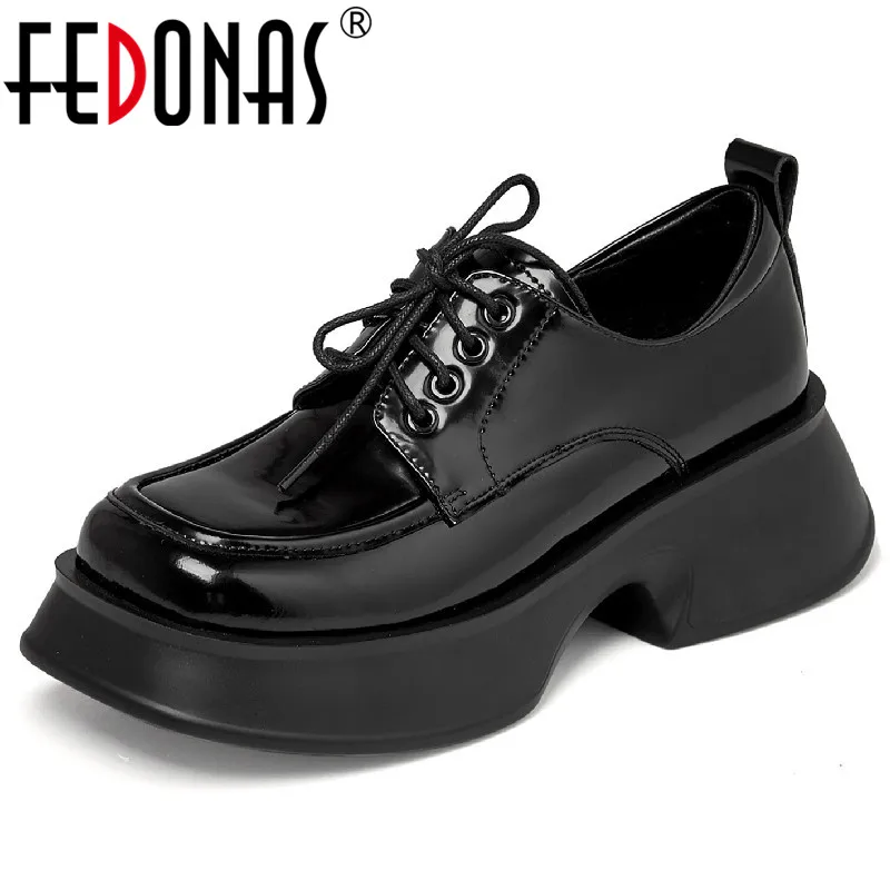 

FEDONAS Women Pumps Spring Autumn Genuine Leather Thick Heels Casual Working Shoes Woman Classic Platforms Lace-Up Loafers Shoes