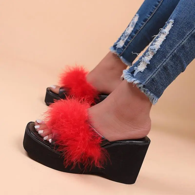 

New Woman Slippers Fur Feather Hairy Sandals High Heels Peep Toe Mules Lady Slope Heel