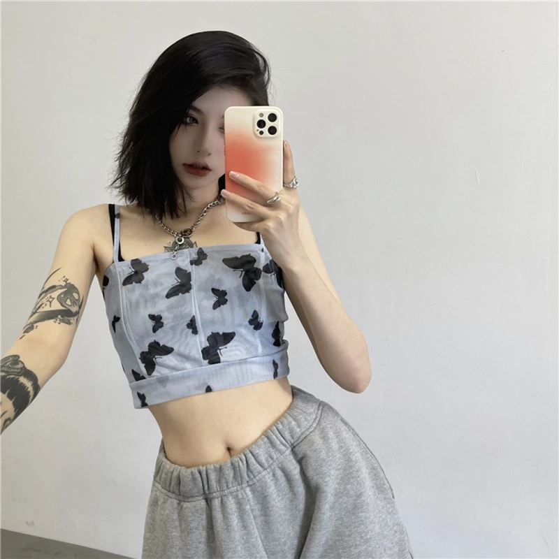 

Новый стиль, женский укороченный топ на бретелях-спагетти с принтом бабочки, сексуальная кофта с открытыми плечами