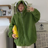 qweek kawaii frog hoodie women cute zip up sweatshirt animal ears zipper pullover korean style 2021 sweet green top alt clothes