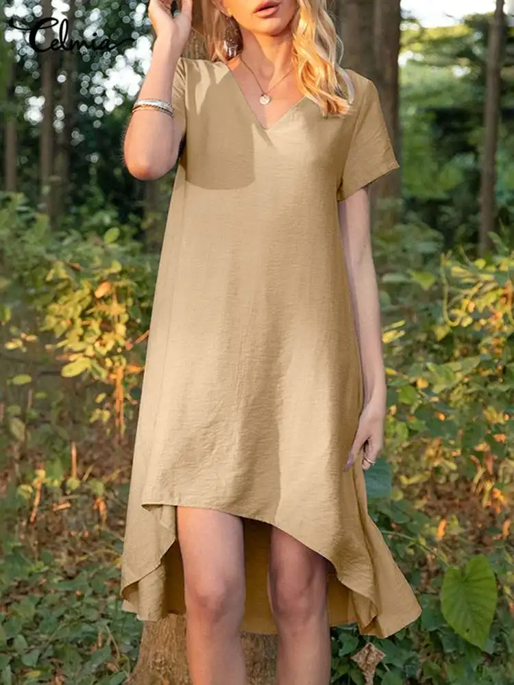 

Celmia 2022 Asymmetrical Hem Short Vestido Women V-neck Dress Summer Holiday Short Sleeve Robe Casual Loose Solid Color Sundress