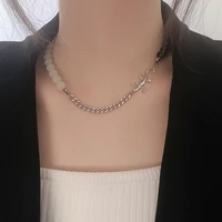 half glass bead half chain beaded choker necklace stainless steel cuban link strand men women hip hop punk jewelry ins necklace