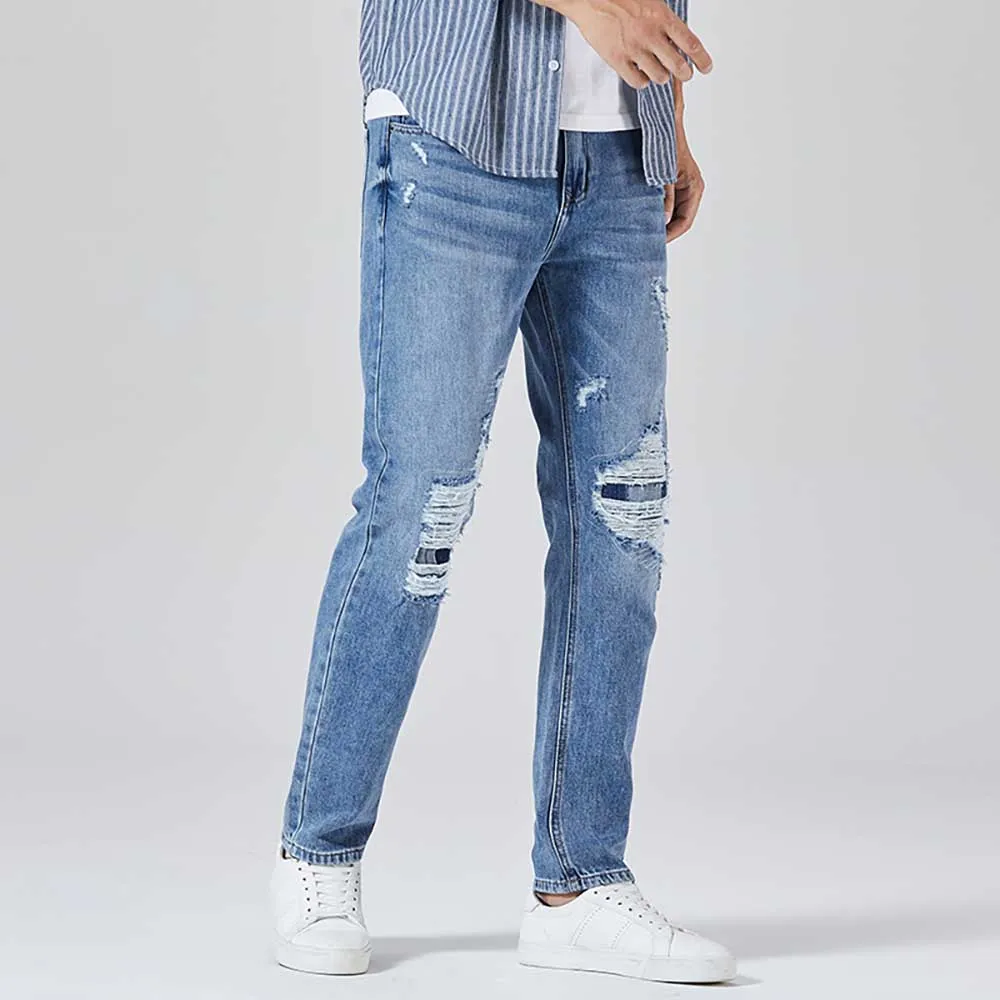 Spring  Autumn Ripped Jeans Men's Washed Straight Cotton Trousers Youth Trend Denim Pants Streetwear Beggar Pants Clothing