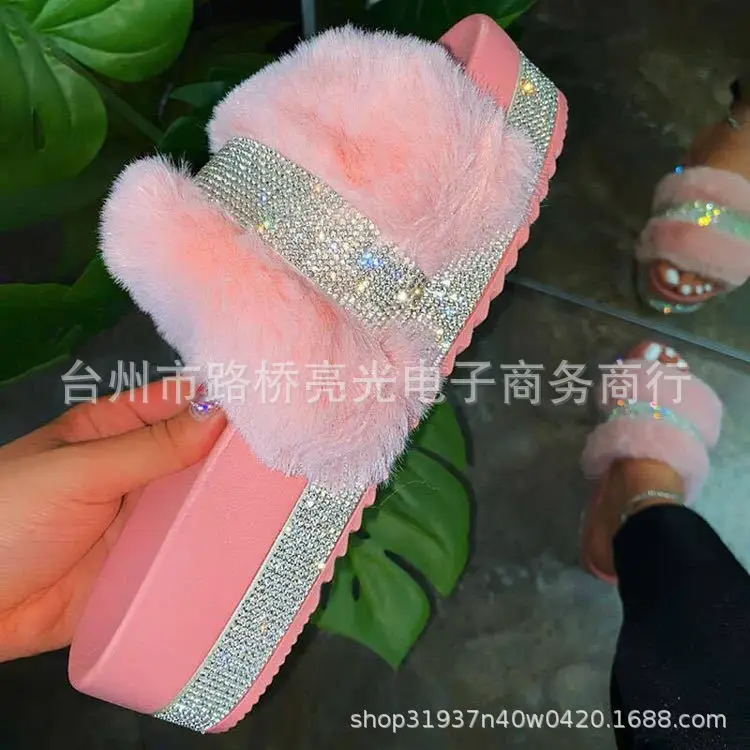 Women's Slippers Outdoor Rhinestone Fashion Casual Shoes for Women Lightweight Mid-heel Plush Slippers Plus Size 36-43