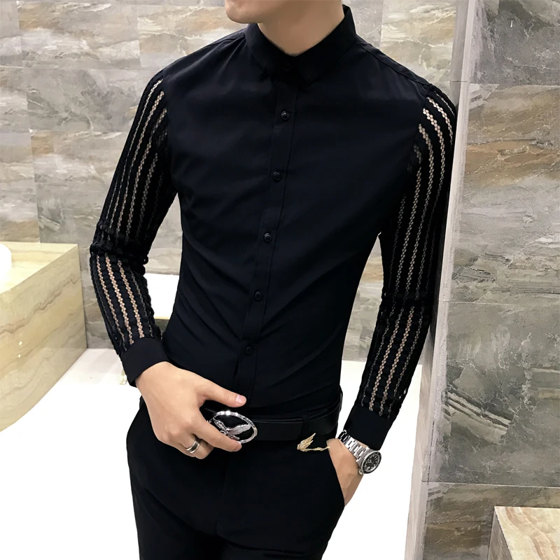 

2023 Spring Men's Lace Perspective Shirt Party Prom Hollow Lace Patchwork Long Sleeve Tuxedo Shirt Nightclub Casual Social Shirt