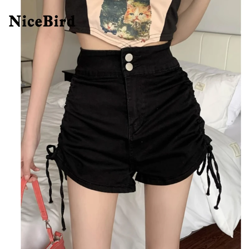 

Nicebird Blue Drawstring Vintage Shorts Women Washed Denim Wide Leg Shorts New High Waist Loose Trousers Spring Summer 2023