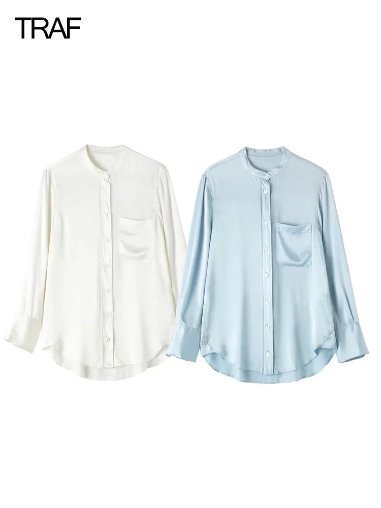 

Блузка Женская атласная на пуговицах, синяя/белая