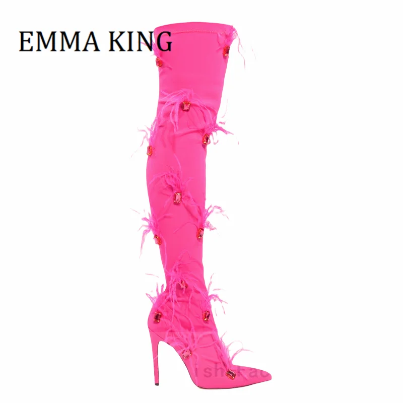 Женские розовые ботинки с украшением из перьев пикантные до бедра на шпильке