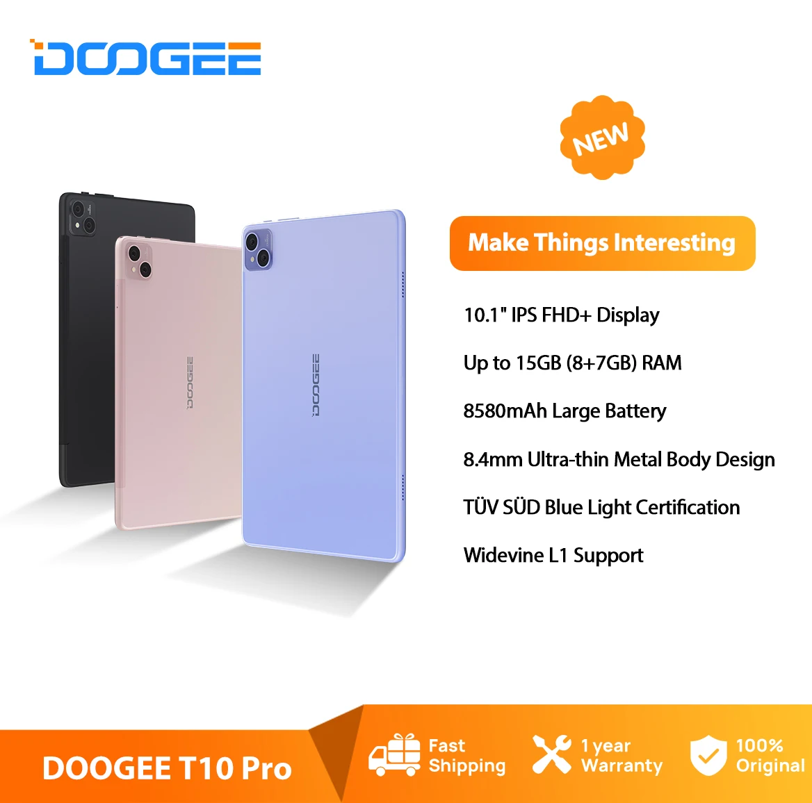 Планшет DOOGEE T10 Pro, 10,1 дюйма, FHD, 8 + 256 ГБ, 8580 мАч