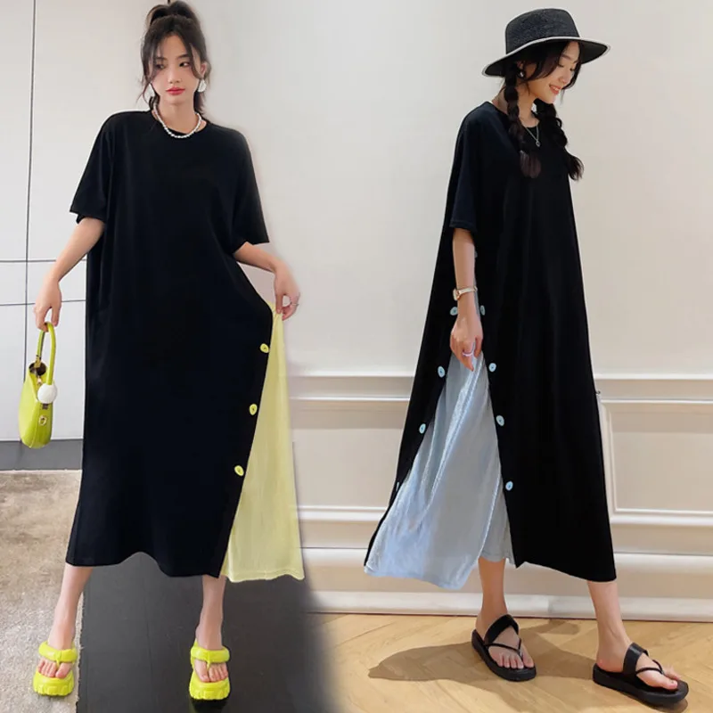 

#6292 Summer Asymmetrical T Shirt Dress Women Ankle-length Spliced Color Long Dress Buttons Loose False Two Piece Tshirt Dress