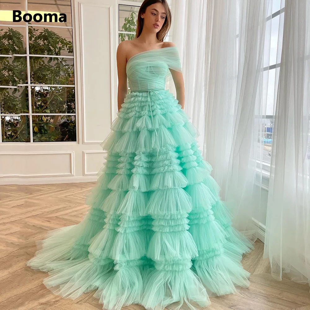 

Booma Mint Green Ruffles Tulle A-Line Prom Dresses One-Shoulder Frill-Layered Pleated Tiered Party Gowns Formal Evening Dresses