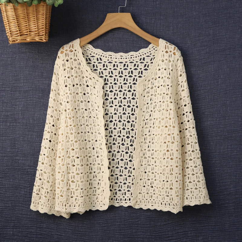Dress Shawl Women's Summer Thin 3/4 Sleeve Sun Protection Shirt with Skirt Knitted Hollow Cardigan Short Wholesale