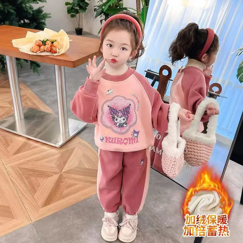 

Sanrioes Anime Kuromi Melody Cinnamorol Kpop Kids Y2K Sportswear Girl Sweater Pullover Tops Pants Princess 2Pcs Casual Clothes
