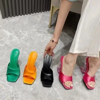 summer green womens shoes slippers silky wide band transparent strange high heels comfortable pu leather slides sandals pumps